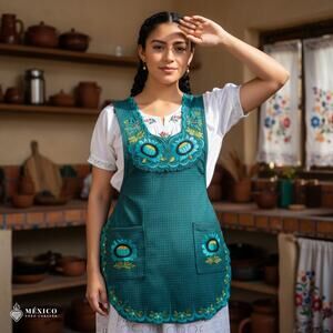 Turquoise Mexican Embroidered Smock Apron – Floral Traditional Design for Women